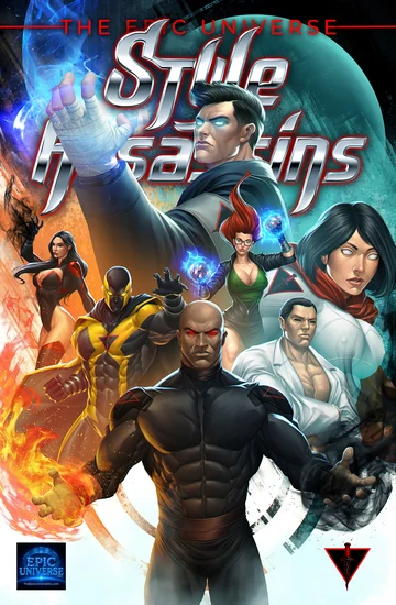 Style Assassins cover: an ensemble of warriors surrounded by flame and blue energy.