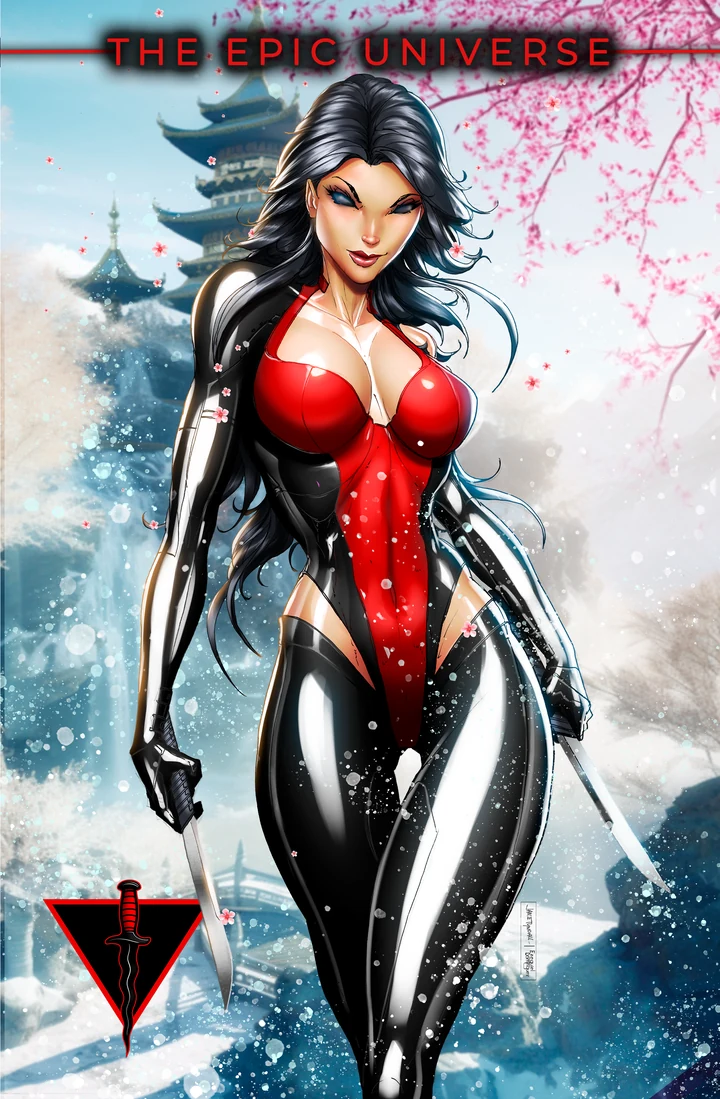Tora in red and black, standing beneath pink blossoms in a pale city landscape.