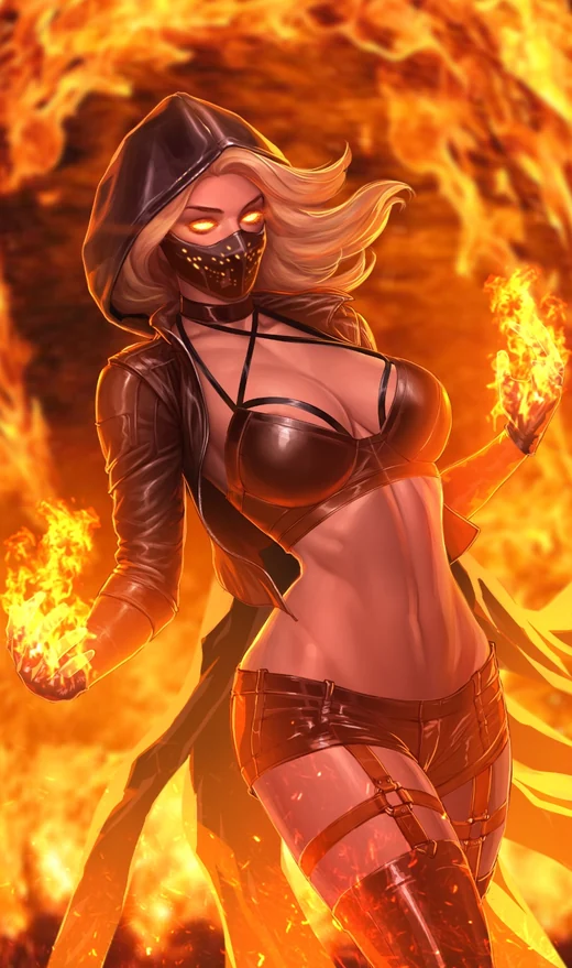 Firefly, masked and surrounded by flame.