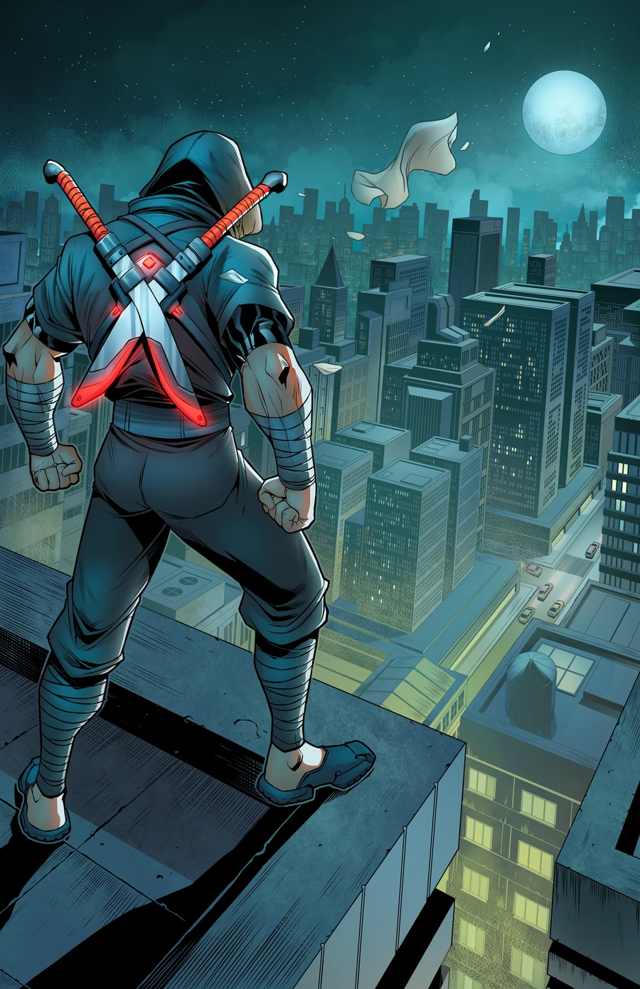 Price of Power artwork overlooking a city at night