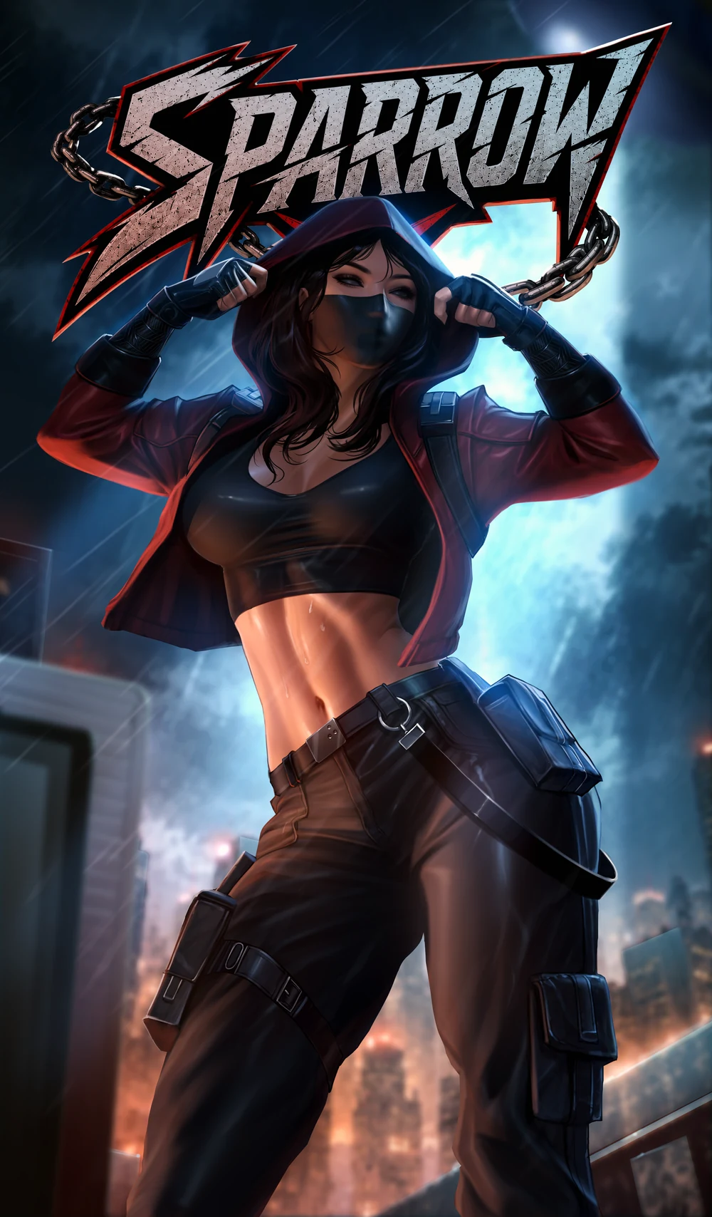 Sparrow in a dark outfit and mask beneath her name, against a blue night sky.