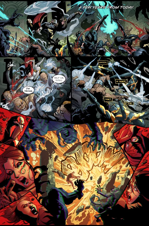 Style Assassins interior artwork: warriors battle amid blue energy and an explosion.