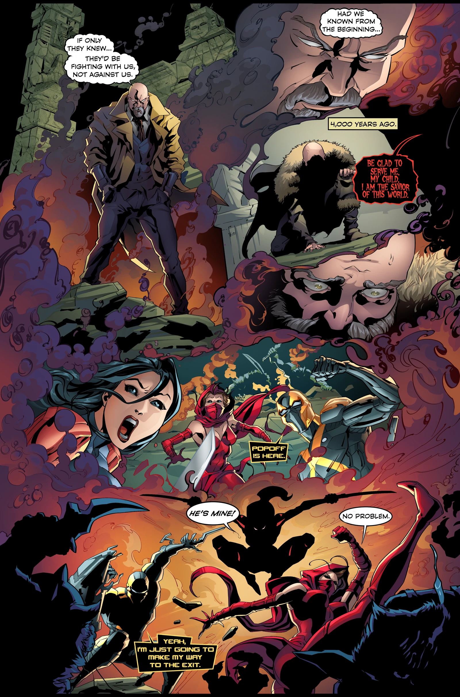 Style Assassins: Future Echoes, interior preview page 3. A man in a yellow coat stands among smoke and ruins. A smaller panel shifts to an earlier scene before returning to the fighters.