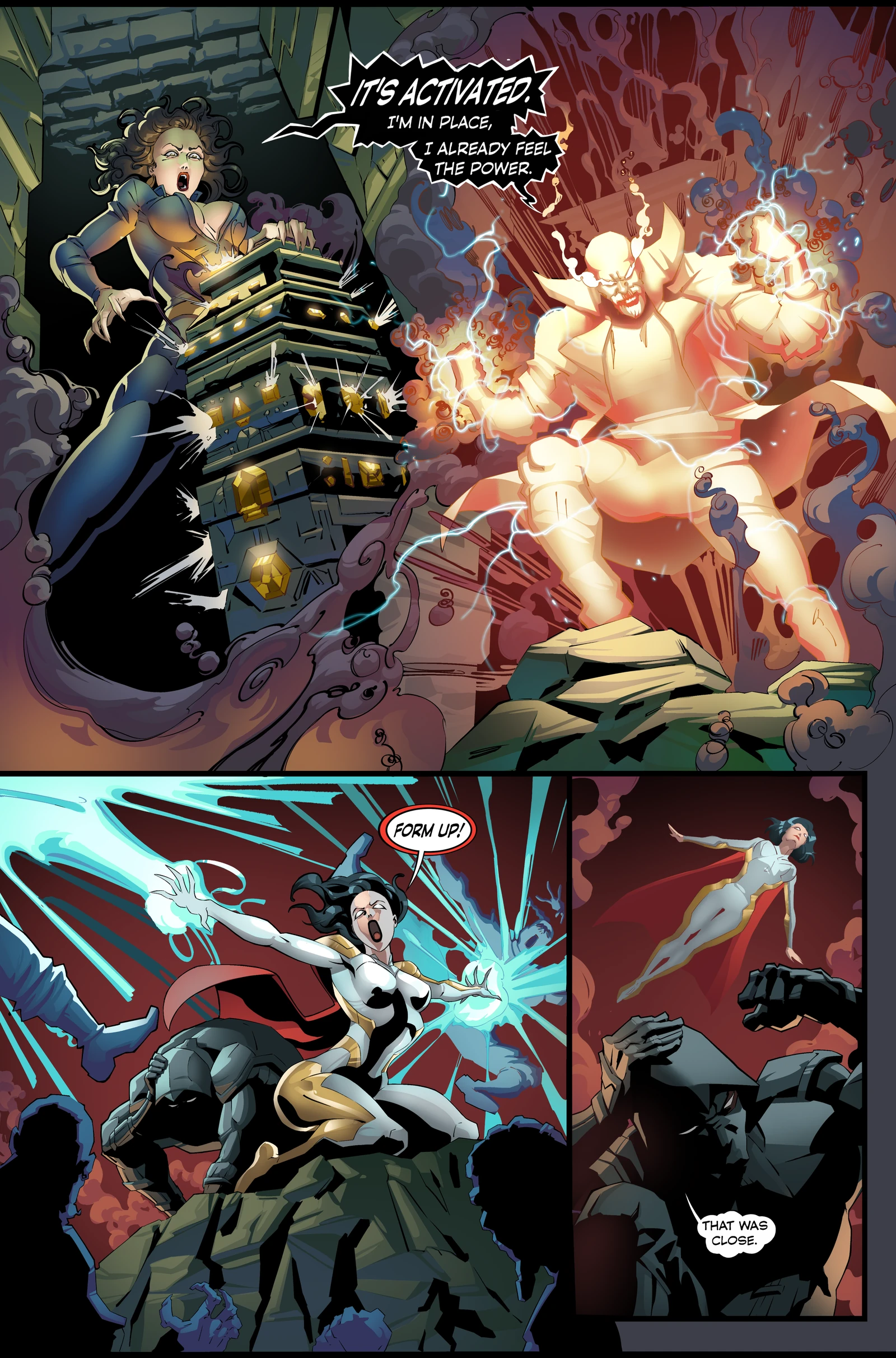 Style Assassins: Future Echoes, interior preview page 5. The stone structure breaks apart in a burst of light. Energy surrounds the man in the yellow coat while nearby fighters react.
