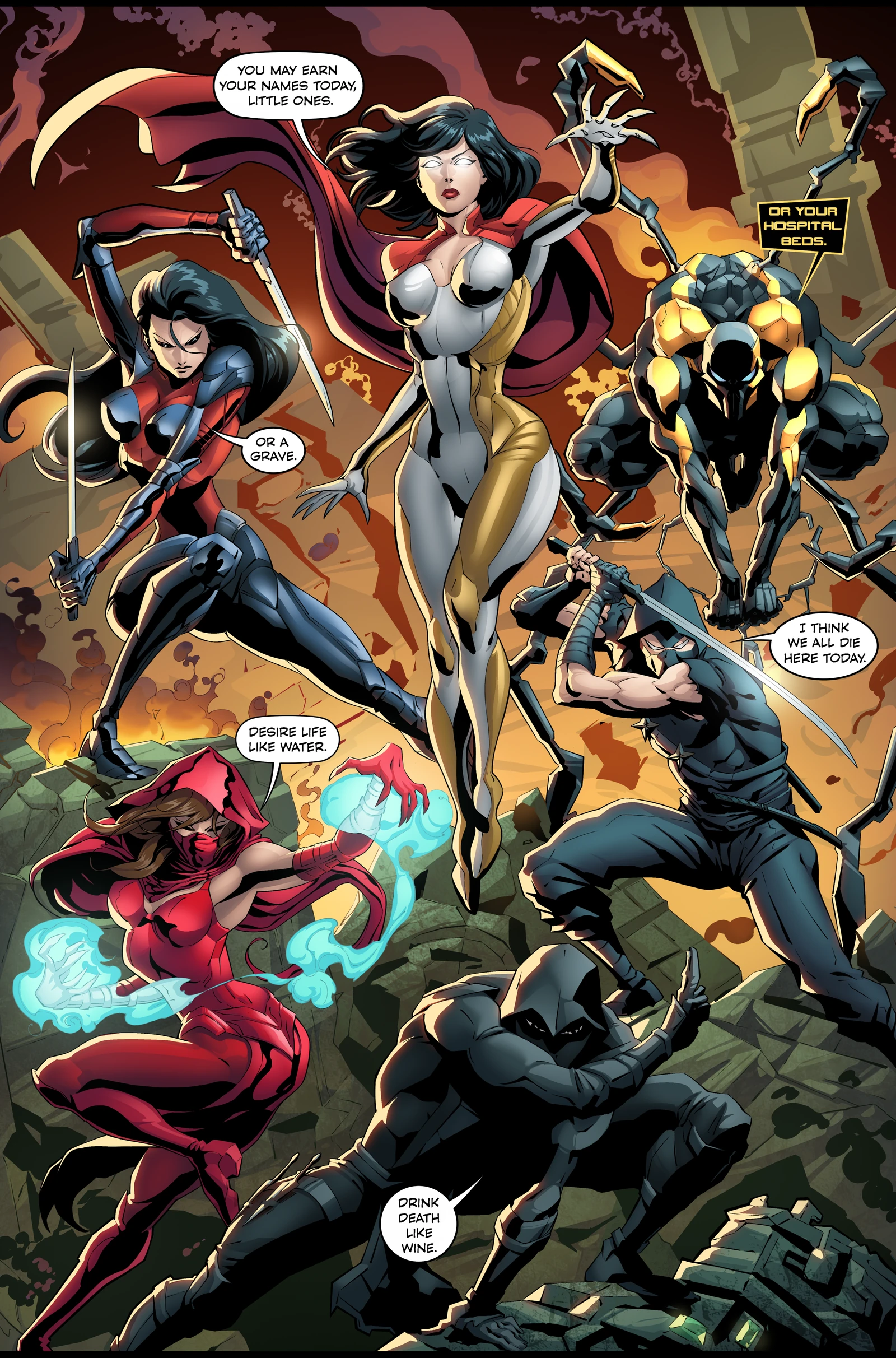 Style Assassins: Future Echoes, interior preview page 6. The warriors regroup among the ruins, with weapons raised and blue light surrounding their hands.