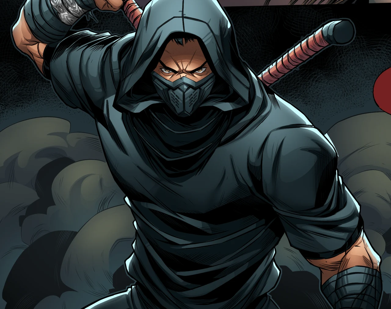 Suez, hooded and masked, draws his sword as smoke curls around him.